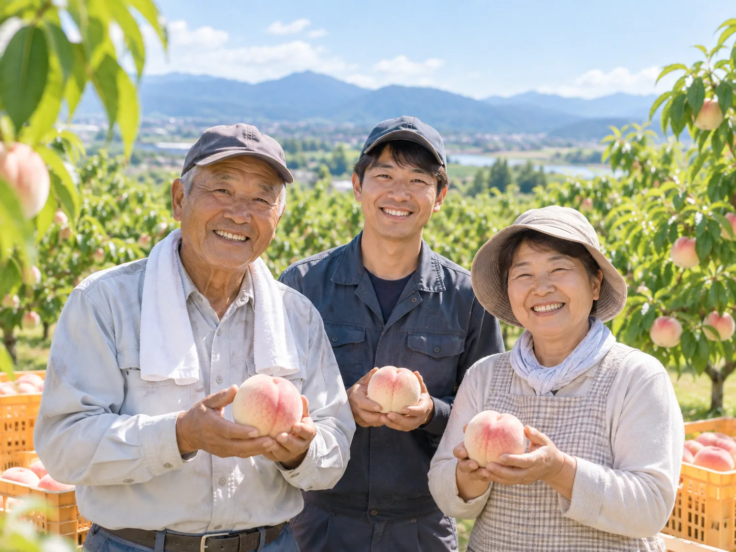 桃畑で白桃を手にする生産者の家族